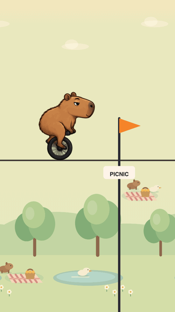 Tippy Capy on a rope above Picnic Park, heading for a picnic blanket marked by an orange flag